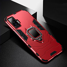 Silikon Hülle Handyhülle und Kunststoff Schutzhülle Hartschalen Tasche mit Magnetisch Fingerring Ständer für Vivo X50 5G Rot