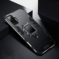 Silikon Hülle Handyhülle und Kunststoff Schutzhülle Hartschalen Tasche mit Magnetisch Fingerring Ständer für Vivo X50 5G Schwarz