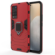 Silikon Hülle Handyhülle und Kunststoff Schutzhülle Hartschalen Tasche mit Magnetisch Fingerring Ständer für Vivo X60 Pro 5G Rot