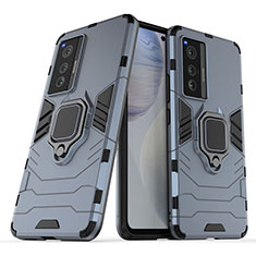 Silikon Hülle Handyhülle und Kunststoff Schutzhülle Hartschalen Tasche mit Magnetisch Fingerring Ständer für Vivo X70 5G Blau