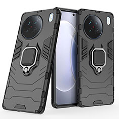 Silikon Hülle Handyhülle und Kunststoff Schutzhülle Hartschalen Tasche mit Magnetisch Fingerring Ständer für Vivo X90 5G Schwarz