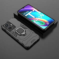 Silikon Hülle Handyhülle und Kunststoff Schutzhülle Hartschalen Tasche mit Magnetisch Fingerring Ständer für Vivo Y55 4G Schwarz