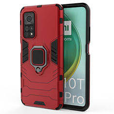 Silikon Hülle Handyhülle und Kunststoff Schutzhülle Hartschalen Tasche mit Magnetisch Fingerring Ständer für Xiaomi Mi 10T 5G Rot
