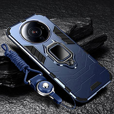 Silikon Hülle Handyhülle und Kunststoff Schutzhülle Hartschalen Tasche mit Magnetisch Fingerring Ständer für Xiaomi Mi 12 Ultra 5G Blau