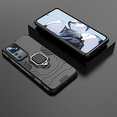 Silikon Hülle Handyhülle und Kunststoff Schutzhülle Hartschalen Tasche mit Magnetisch Fingerring Ständer für Xiaomi Mi 12T Pro 5G Schwarz