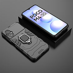 Silikon Hülle Handyhülle und Kunststoff Schutzhülle Hartschalen Tasche mit Magnetisch Fingerring Ständer für Xiaomi Poco M4 5G Schwarz