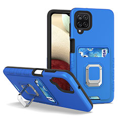 Silikon Hülle Handyhülle und Kunststoff Schutzhülle Hartschalen Tasche mit Magnetisch Fingerring Ständer J01S für Samsung Galaxy A12 Blau
