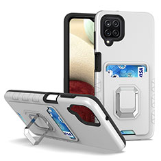 Silikon Hülle Handyhülle und Kunststoff Schutzhülle Hartschalen Tasche mit Magnetisch Fingerring Ständer J01S für Samsung Galaxy A12 Nacho Silber