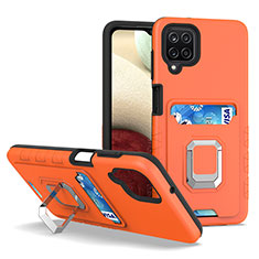 Silikon Hülle Handyhülle und Kunststoff Schutzhülle Hartschalen Tasche mit Magnetisch Fingerring Ständer J01S für Samsung Galaxy F12 Orange