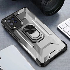 Silikon Hülle Handyhülle und Kunststoff Schutzhülle Hartschalen Tasche mit Magnetisch Fingerring Ständer J01S für Samsung Galaxy F22 4G Schwarz
