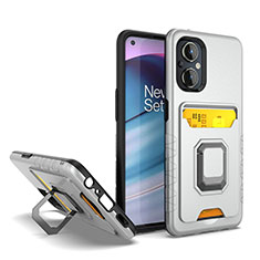 Silikon Hülle Handyhülle und Kunststoff Schutzhülle Hartschalen Tasche mit Magnetisch Fingerring Ständer J03S für Oppo Reno7 Lite 5G Silber