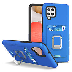 Silikon Hülle Handyhülle und Kunststoff Schutzhülle Hartschalen Tasche mit Magnetisch Fingerring Ständer J03S für Samsung Galaxy A42 5G Blau