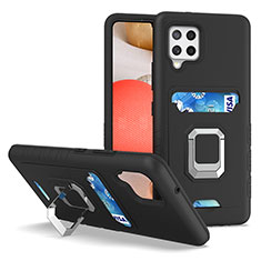 Silikon Hülle Handyhülle und Kunststoff Schutzhülle Hartschalen Tasche mit Magnetisch Fingerring Ständer J03S für Samsung Galaxy A42 5G Schwarz