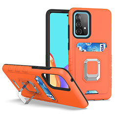 Silikon Hülle Handyhülle und Kunststoff Schutzhülle Hartschalen Tasche mit Magnetisch Fingerring Ständer J03S für Samsung Galaxy A52s 5G Orange