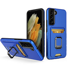 Silikon Hülle Handyhülle und Kunststoff Schutzhülle Hartschalen Tasche mit Magnetisch Fingerring Ständer J03S für Samsung Galaxy S22 5G Blau