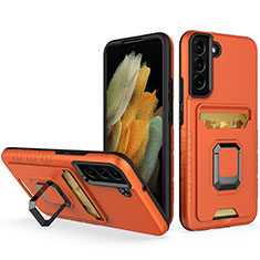Silikon Hülle Handyhülle und Kunststoff Schutzhülle Hartschalen Tasche mit Magnetisch Fingerring Ständer J03S für Samsung Galaxy S22 5G Orange