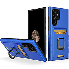 Silikon Hülle Handyhülle und Kunststoff Schutzhülle Hartschalen Tasche mit Magnetisch Fingerring Ständer J03S für Samsung Galaxy S23 Ultra 5G Blau