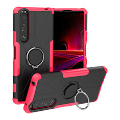 Silikon Hülle Handyhülle und Kunststoff Schutzhülle Hartschalen Tasche mit Magnetisch Fingerring Ständer JX1 für Sony Xperia 1 III Pink