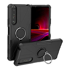 Silikon Hülle Handyhülle und Kunststoff Schutzhülle Hartschalen Tasche mit Magnetisch Fingerring Ständer JX1 für Sony Xperia 1 III Schwarz