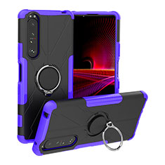Silikon Hülle Handyhülle und Kunststoff Schutzhülle Hartschalen Tasche mit Magnetisch Fingerring Ständer JX1 für Sony Xperia 1 III Violett