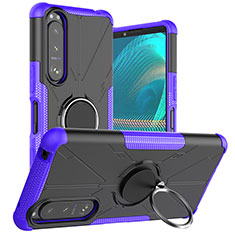 Silikon Hülle Handyhülle und Kunststoff Schutzhülle Hartschalen Tasche mit Magnetisch Fingerring Ständer JX1 für Sony Xperia 5 III Violett
