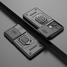 Silikon Hülle Handyhülle und Kunststoff Schutzhülle Hartschalen Tasche mit Magnetisch Fingerring Ständer K1C für Xiaomi Redmi Note 13 5G Schwarz