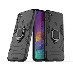 Silikon Hülle Handyhülle und Kunststoff Schutzhülle Hartschalen Tasche mit Magnetisch Fingerring Ständer KC1 für Samsung Galaxy A11 Schwarz