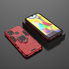 Silikon Hülle Handyhülle und Kunststoff Schutzhülle Hartschalen Tasche mit Magnetisch Fingerring Ständer KC1 für Samsung Galaxy M21s Rot