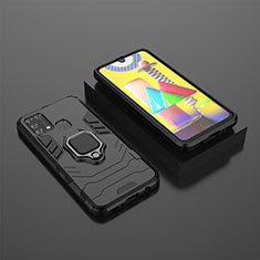 Silikon Hülle Handyhülle und Kunststoff Schutzhülle Hartschalen Tasche mit Magnetisch Fingerring Ständer KC1 für Samsung Galaxy M21s Schwarz