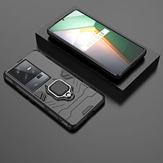 Silikon Hülle Handyhülle und Kunststoff Schutzhülle Hartschalen Tasche mit Magnetisch Fingerring Ständer KC1 für Vivo iQOO 11 Pro 5G Schwarz