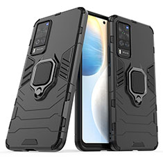 Silikon Hülle Handyhülle und Kunststoff Schutzhülle Hartschalen Tasche mit Magnetisch Fingerring Ständer KC1 für Vivo X60 Pro 5G Schwarz