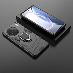 Silikon Hülle Handyhülle und Kunststoff Schutzhülle Hartschalen Tasche mit Magnetisch Fingerring Ständer KC1 für Vivo X90 5G Schwarz
