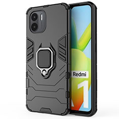 Silikon Hülle Handyhülle und Kunststoff Schutzhülle Hartschalen Tasche mit Magnetisch Fingerring Ständer KC1 für Xiaomi Redmi A2 Plus Schwarz