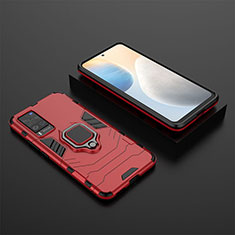 Silikon Hülle Handyhülle und Kunststoff Schutzhülle Hartschalen Tasche mit Magnetisch Fingerring Ständer KC2 für Vivo X60 Pro 5G Rot