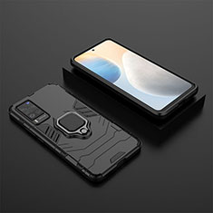 Silikon Hülle Handyhülle und Kunststoff Schutzhülle Hartschalen Tasche mit Magnetisch Fingerring Ständer KC2 für Vivo X60 Pro 5G Schwarz