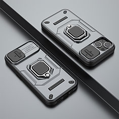 Silikon Hülle Handyhülle und Kunststoff Schutzhülle Hartschalen Tasche mit Magnetisch Fingerring Ständer KC4 für Apple iPhone 15 Grau