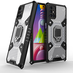 Silikon Hülle Handyhülle und Kunststoff Schutzhülle Hartschalen Tasche mit Magnetisch Fingerring Ständer KC5 für Samsung Galaxy M51 Weiß
