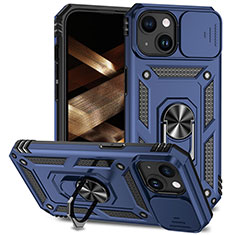 Silikon Hülle Handyhülle und Kunststoff Schutzhülle Hartschalen Tasche mit Magnetisch Fingerring Ständer MQ1 für Apple iPhone 15 Blau