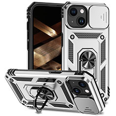 Silikon Hülle Handyhülle und Kunststoff Schutzhülle Hartschalen Tasche mit Magnetisch Fingerring Ständer MQ1 für Apple iPhone 15 Silber