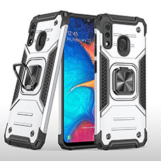 Silikon Hülle Handyhülle und Kunststoff Schutzhülle Hartschalen Tasche mit Magnetisch Fingerring Ständer MQ1 für Samsung Galaxy A20 Silber