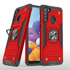Silikon Hülle Handyhülle und Kunststoff Schutzhülle Hartschalen Tasche mit Magnetisch Fingerring Ständer MQ1 für Samsung Galaxy A21 Rot