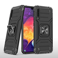 Silikon Hülle Handyhülle und Kunststoff Schutzhülle Hartschalen Tasche mit Magnetisch Fingerring Ständer MQ1 für Samsung Galaxy A50S Schwarz