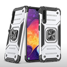 Silikon Hülle Handyhülle und Kunststoff Schutzhülle Hartschalen Tasche mit Magnetisch Fingerring Ständer MQ1 für Samsung Galaxy A50S Silber