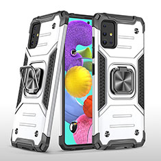 Silikon Hülle Handyhülle und Kunststoff Schutzhülle Hartschalen Tasche mit Magnetisch Fingerring Ständer MQ1 für Samsung Galaxy A51 4G Silber