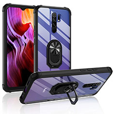 Silikon Hülle Handyhülle und Kunststoff Schutzhülle Hartschalen Tasche mit Magnetisch Fingerring Ständer MQ2 für Xiaomi Redmi 9 Schwarz