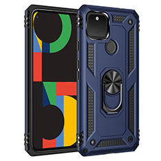 Silikon Hülle Handyhülle und Kunststoff Schutzhülle Hartschalen Tasche mit Magnetisch Fingerring Ständer MQ3 für Google Pixel 5 XL 5G Blau