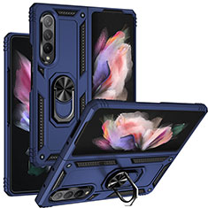Silikon Hülle Handyhülle und Kunststoff Schutzhülle Hartschalen Tasche mit Magnetisch Fingerring Ständer MQ3 für Samsung Galaxy Z Fold3 5G Blau