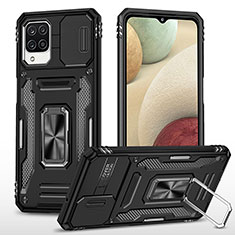 Silikon Hülle Handyhülle und Kunststoff Schutzhülle Hartschalen Tasche mit Magnetisch Fingerring Ständer MQ4 für Samsung Galaxy A12 Nacho Schwarz