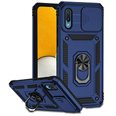 Silikon Hülle Handyhülle und Kunststoff Schutzhülle Hartschalen Tasche mit Magnetisch Fingerring Ständer MQ6 für Samsung Galaxy M02 Blau