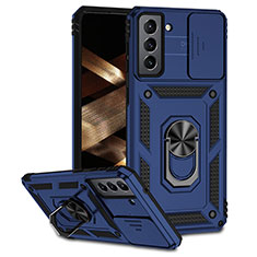 Silikon Hülle Handyhülle und Kunststoff Schutzhülle Hartschalen Tasche mit Magnetisch Fingerring Ständer MQ6 für Samsung Galaxy S21 FE 5G Blau